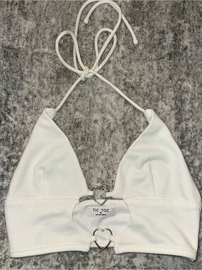 Tic Toc White Heart-Detail Halter Tie Crop Top